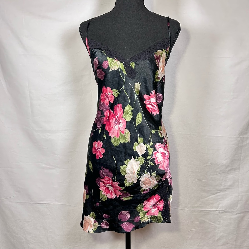 Oscar de la Renta Black Slip Dress with Pink & Green Floral Print